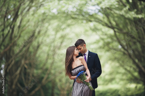 Young beautiful couple, girl with perfect dress posing in park