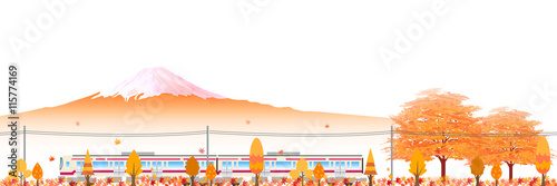 紅葉 電車 富士山 背景