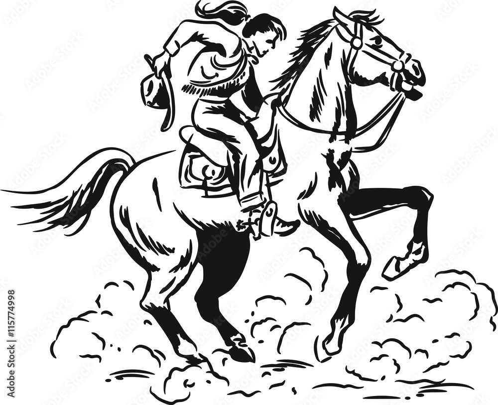 Obraz premium Black and white vintage comic ink sketch of a Western Cowgirl riding a wild horse