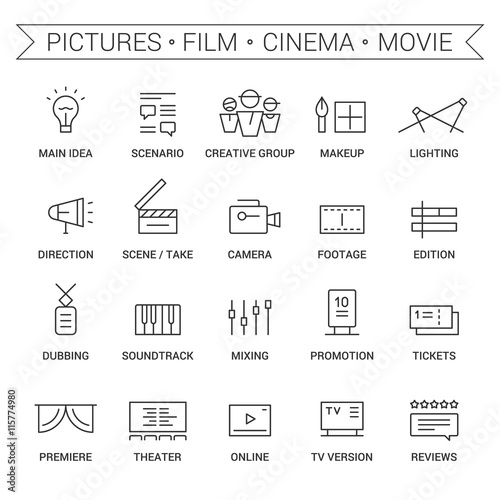 Icons of movie, film, cinema, pictures area. Linear, black.