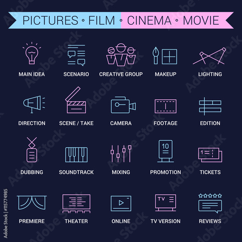 Icons of movie, film, cinema, pictures area. Linear, pink and blue.