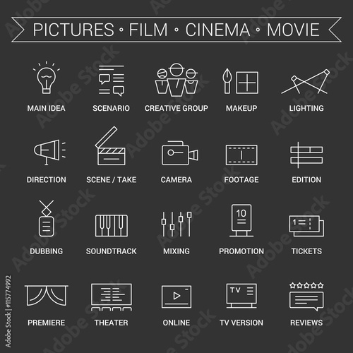Icons of movie, film, cinema, pictures area. Linear, white.