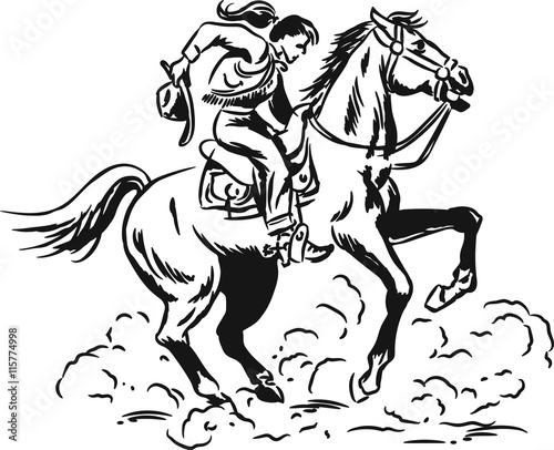 Black and white vintage comic ink sketch of a Western Cowgirl riding a wild horse photo