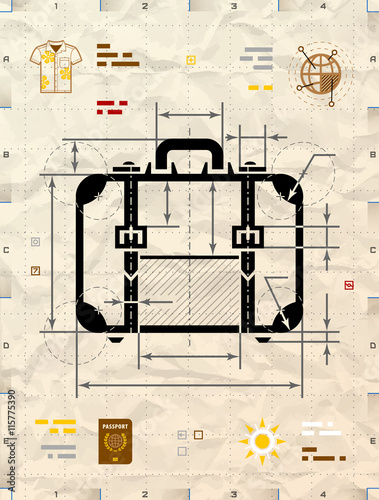 Suitcase silhouette as technical blueprint drawing. Drafting of travel bag on crumpled kraft paper. Vector illustration about travel, luggage, tourism, accessory, vacation, baggage, trip, etc