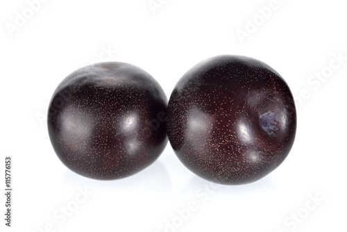 ripe black plum on white background