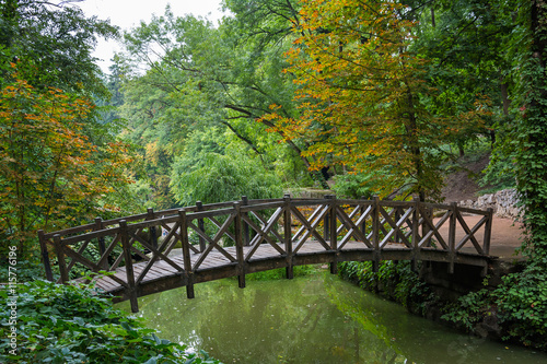 Colourful trees and old wooden bridge in Sofiyivsky park - Uman, Ukraine, Europe.