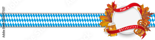 Oktoberfest - Header mit Bieretikett, Herbstlaub und bayerischen Nationalfarben