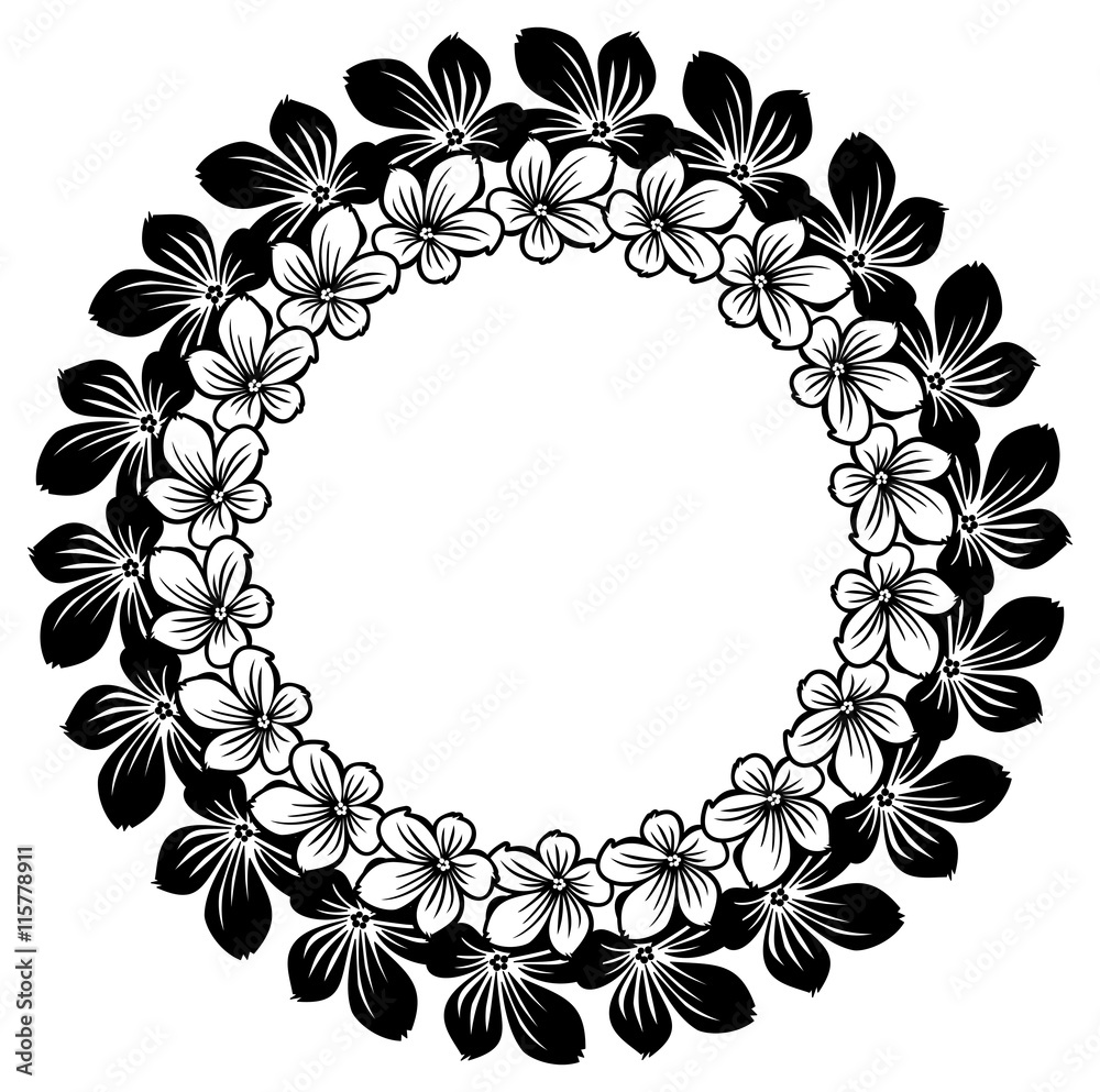 Black and white round frame with abstract flowers silhouettes. Vector ...