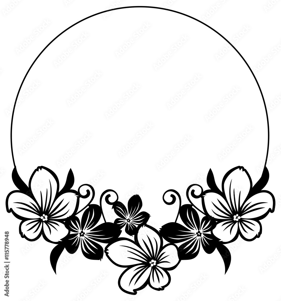 Black and white round frame with abstract flowers silhouettes. Vector ...