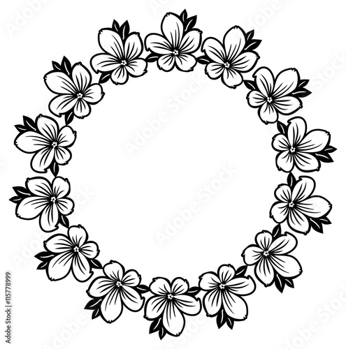 Black and white round frame with abstract flowers silhouettes. Vector clip art. © LaFifa