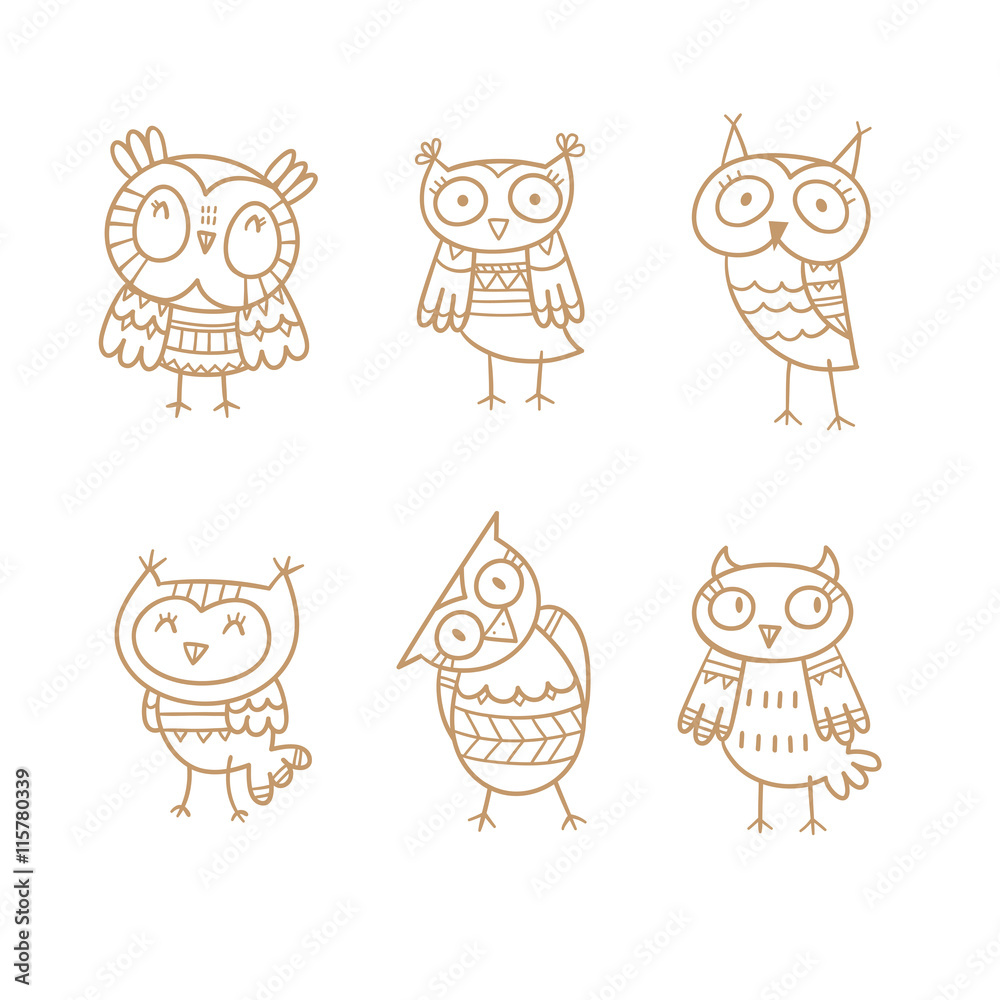 Cartoon cute owls set. Six little funny birds. Children's illustration. Vector contour image no fill. Cartoon cute owls set. Six little funny birds. Children's illustration. Vector contour image no fill.