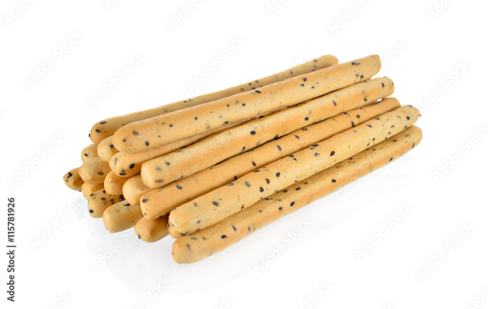 pile of crispy bread stick with black sasame on white background pile of crispy bread stick with black sasame on white background