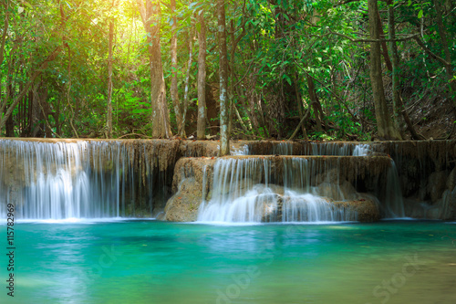 The landscape photo, Huay Mae Kamin Waterfall, beautiful waterfall in autumn forest, Kanchanaburi province, Thailand