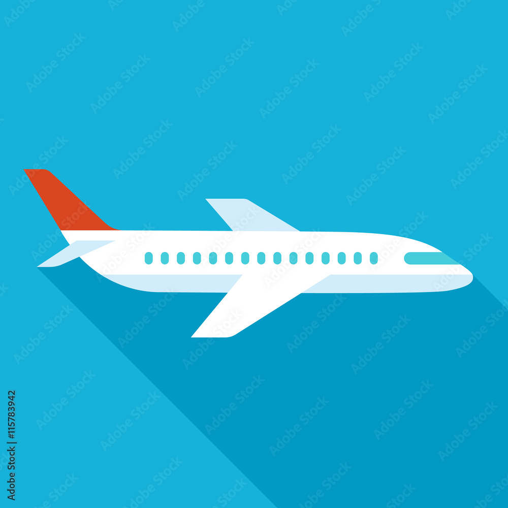 Vector airplane icon with long shadow. Flat style.