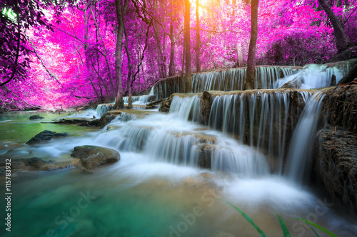 The landscape photo, Huay Mae Kamin Waterfall, beautiful waterfall in autumn forest, Kanchanaburi province, Thailand © cakeio
