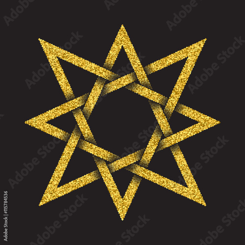 Golden glittering logo template in Celtic knots style on black background. Tribal symbol in eight pointed star form. Gold ornament for jewelry design.