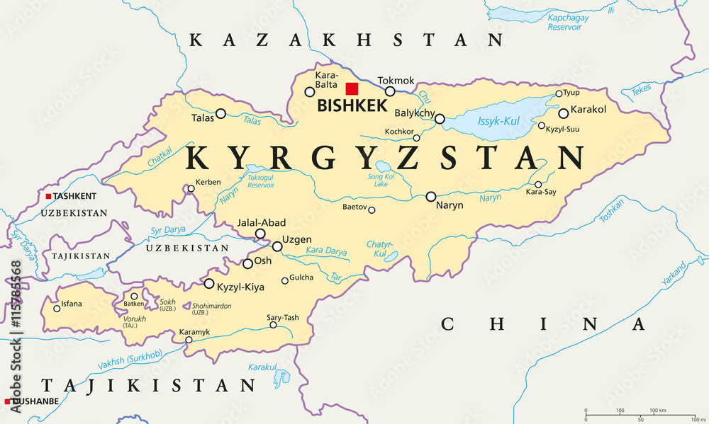 Kyrgyzstan political map with capital Bishkek, national borders, important cities, rivers and lakes. Kyrgyz Republic, formerly known as Kirghizia. Landlocked country in Central Asia. English labeling.