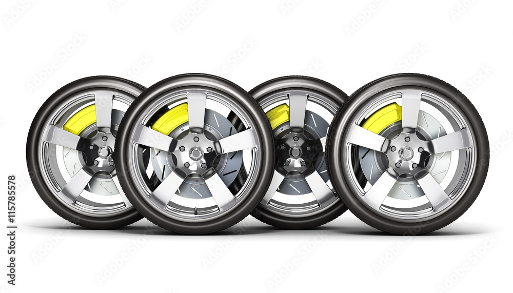 Car wheels with brake isolated on white background 3d Car wheels with brake isolated on white background 3d