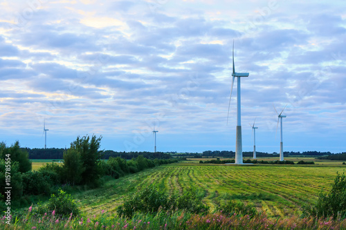 Windmill on rural field in the sunset. Wind turbines farm.