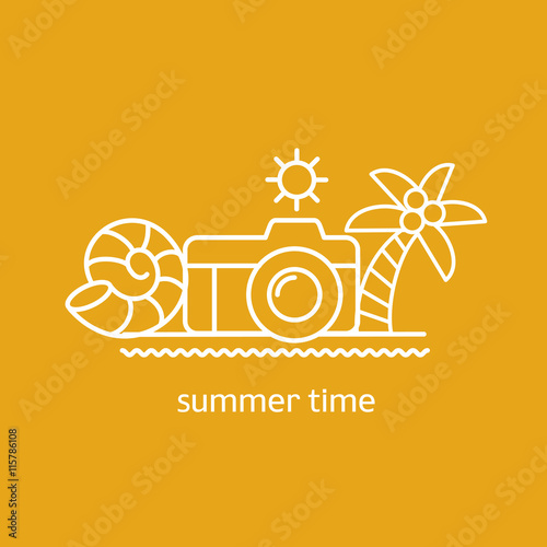  Summer time vacation. Vector emblem. Palm, camera, conch by the sea