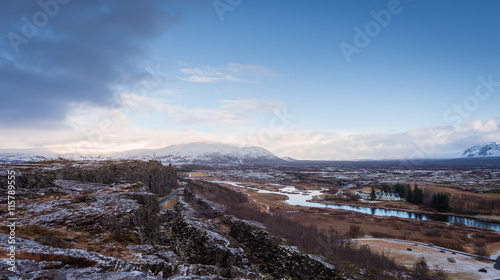 Snow covered mountains in Iceland in the winter, thingvellir National Park.