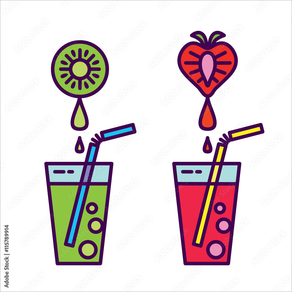 The fresh juice. Icon set, natural juices from fruits. The juice of kiwi fruit. Strawberry juice The fresh juice. Icon set, natural juices from fruits. The juice of kiwi fruit. Strawberry juice
