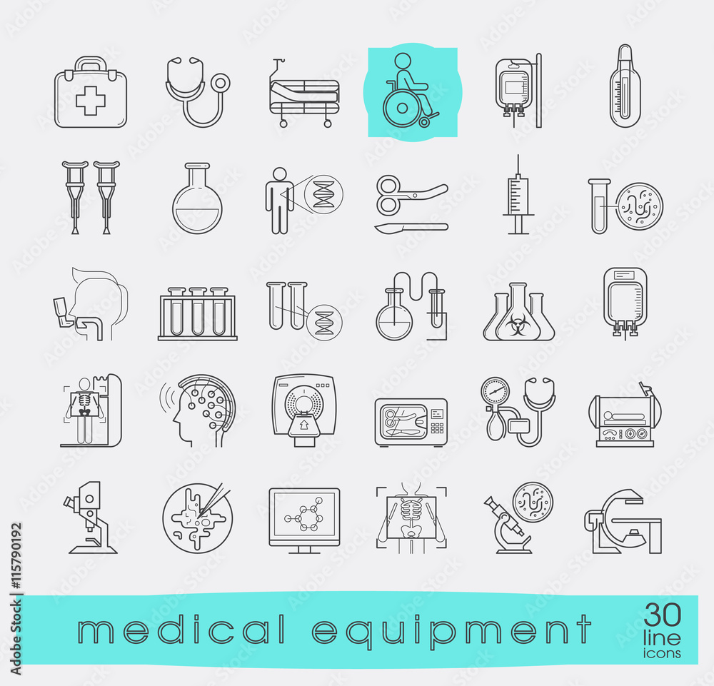Collection of medical equipment icons. Set of premium quality line icons related to medicine equipment, hospital, emergency. 