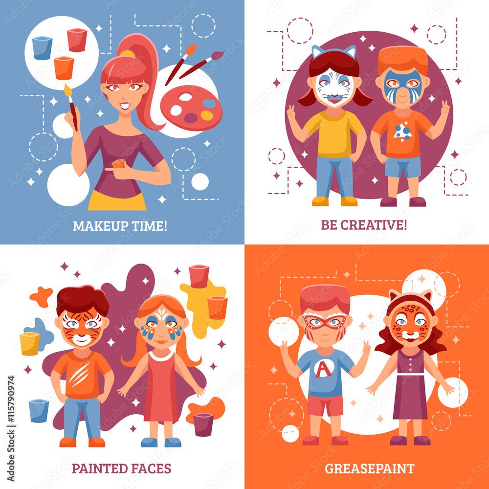 Children With Painted Faces Concept Icons Set Children With Painted Faces Concept Icons Set