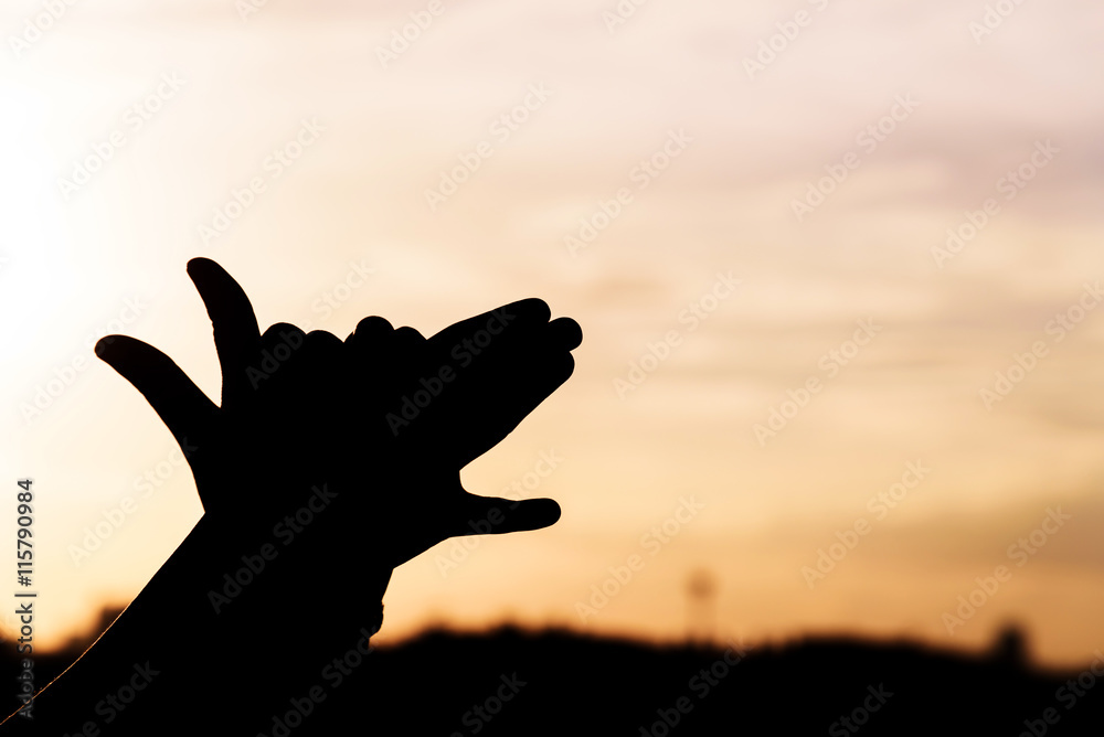 Hand silhouette under a sunset backdrop