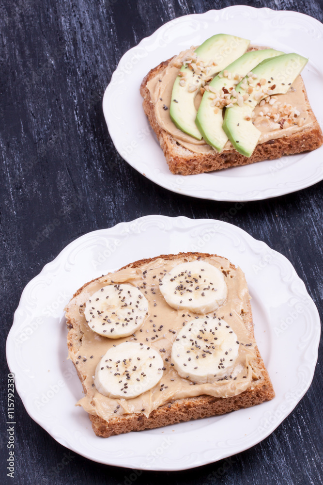 bread with peanut butter and banana, avocado bread with peanut butter and banana, avocado