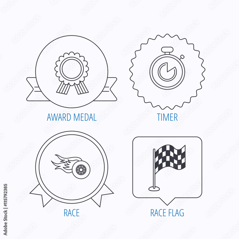 Race flag, winner medal and timer icons. Race flag, winner medal and timer icons.