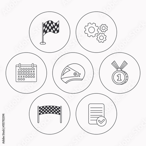 Race flag, checkpoint and motorcycle helmet.