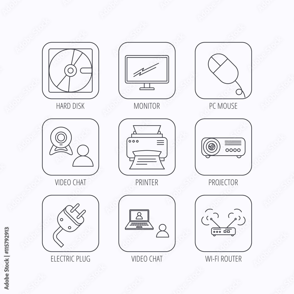 Monitor, printer and wi-fi router icons. Monitor, printer and wi-fi router icons.