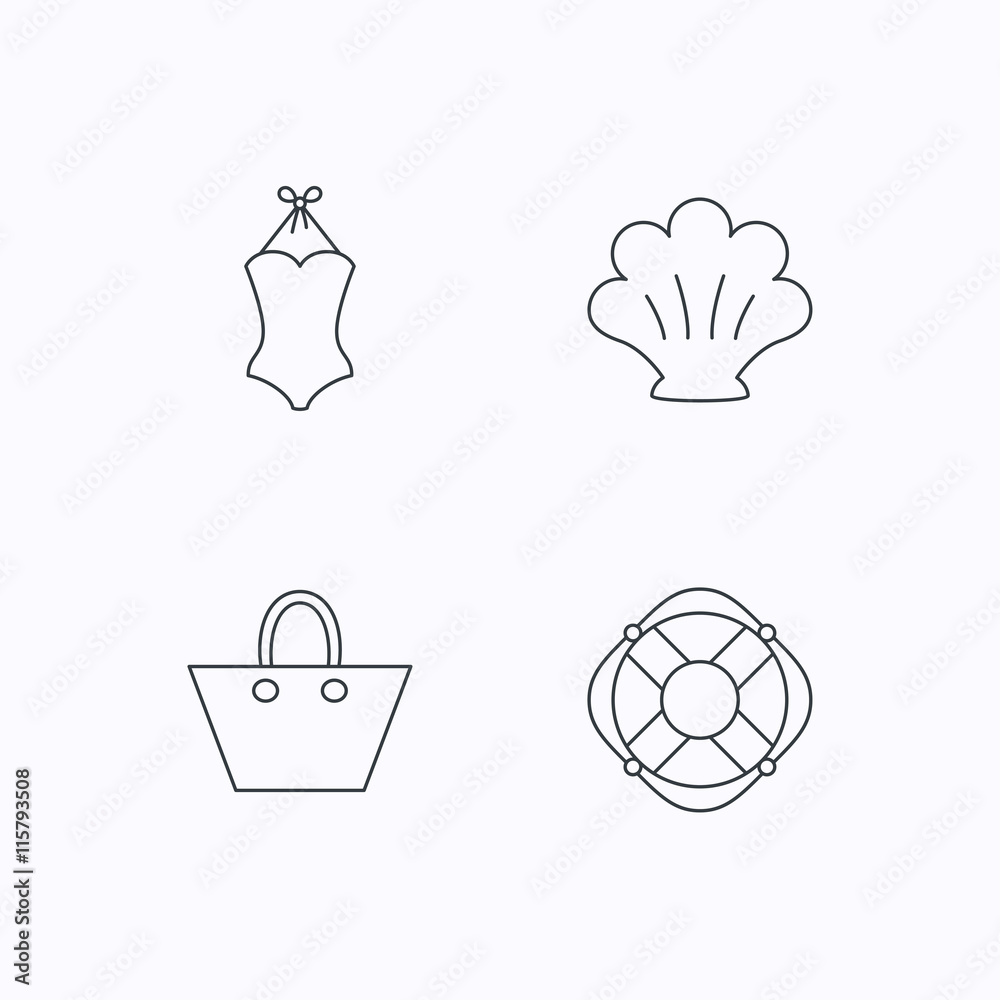 Ladies handbag, shell and swimsuit icons.
