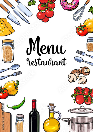Vegetable, kitchenware cheese and pasta menu design, sketch style vector illustration isolated on white background. Colorful menu banner template with ingredients and utensils for Italian cuisine
