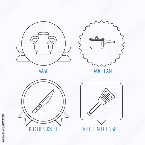 Saucepan, kithcen knife and utensils icons.
