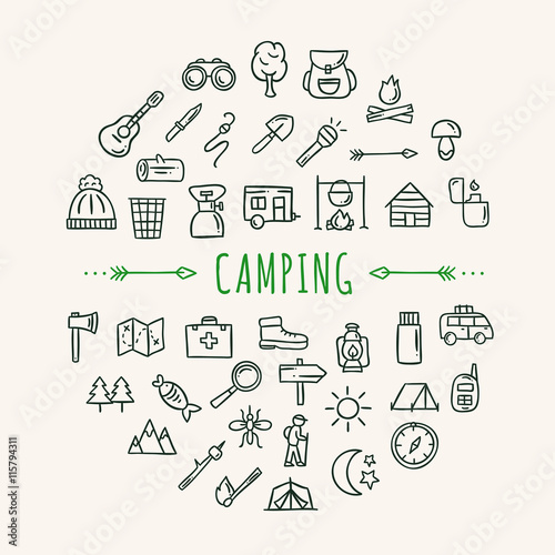 Camping icons. Hand drawn camping and travelling doodle objects