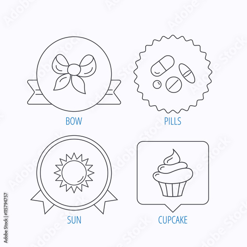 Medical pills, sun and bow-knot icons.