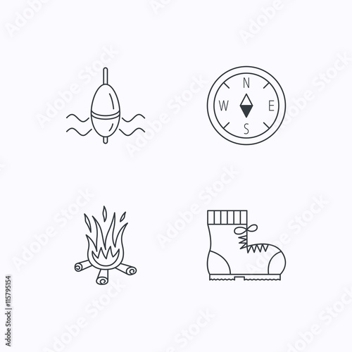Bonfire, fishing float and hiking boots icons.