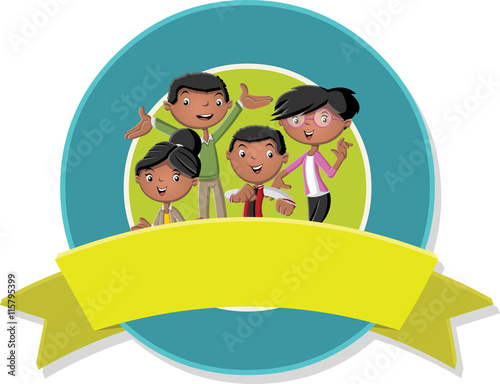 Vector banners and labels backgrounds with happy black people. Cartoon african american family. Design text ribbons. 
