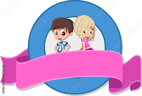 Vector banners and labels backgrounds with happy cartoon children. Boy and gi...