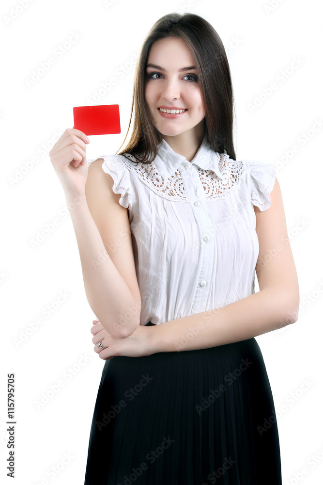 Close-up portrait of young smiling business woman holding credit Close-up portrait of young smiling business woman holding credit