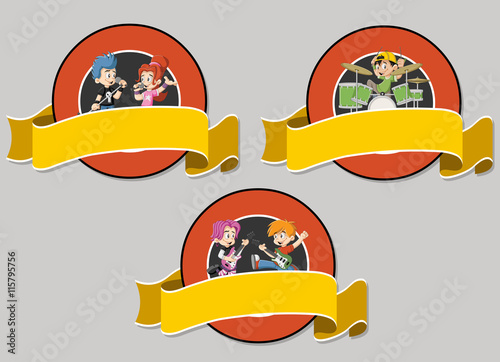 Vector banners and labels backgrounds with cartoon children playing on a rock...