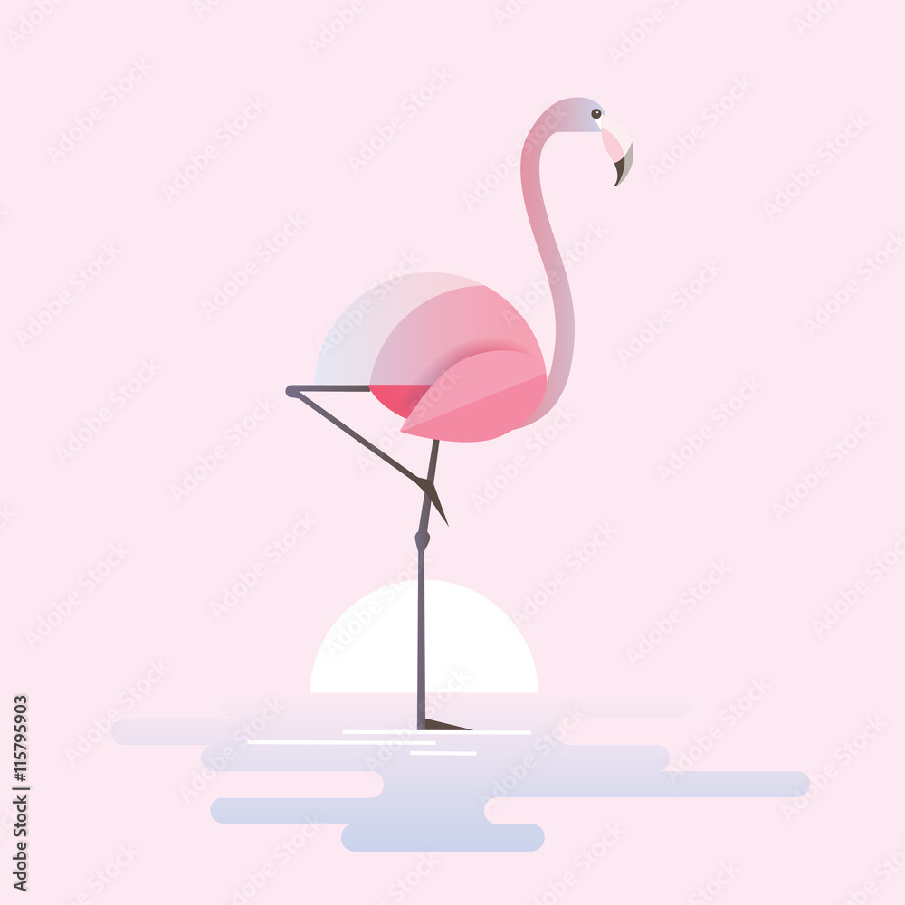 Naklejka premium Modern trendy vector illustration of a stylized pink flamingo bird standing in a lake waters on a sunrise