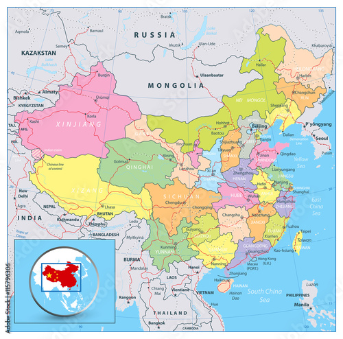 Highly detailed political map of China with roads  railroads and water objects