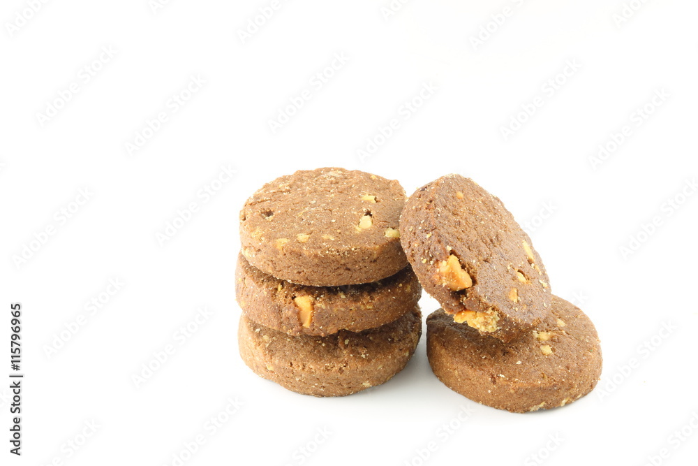 Chocolate cookie with Cashews on white background Chocolate cookie with Cashews on white background