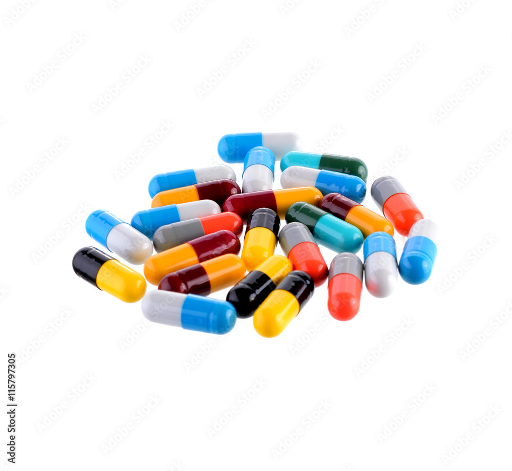 Pills capsules on white background
