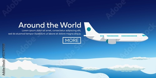Flat vector web banners on the theme of travel by airplane, vacation, adventure. Flight in the stratosphere. Around the World