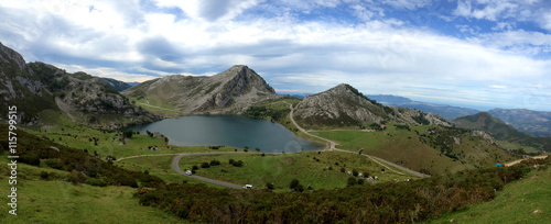 Panoramic view of Lake Enol at Lakes of Covadonga in Asturias, Spain