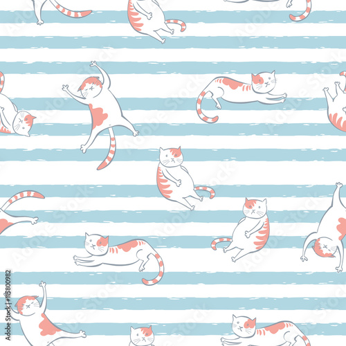 The seamless vector pattern with funny cats and stripes